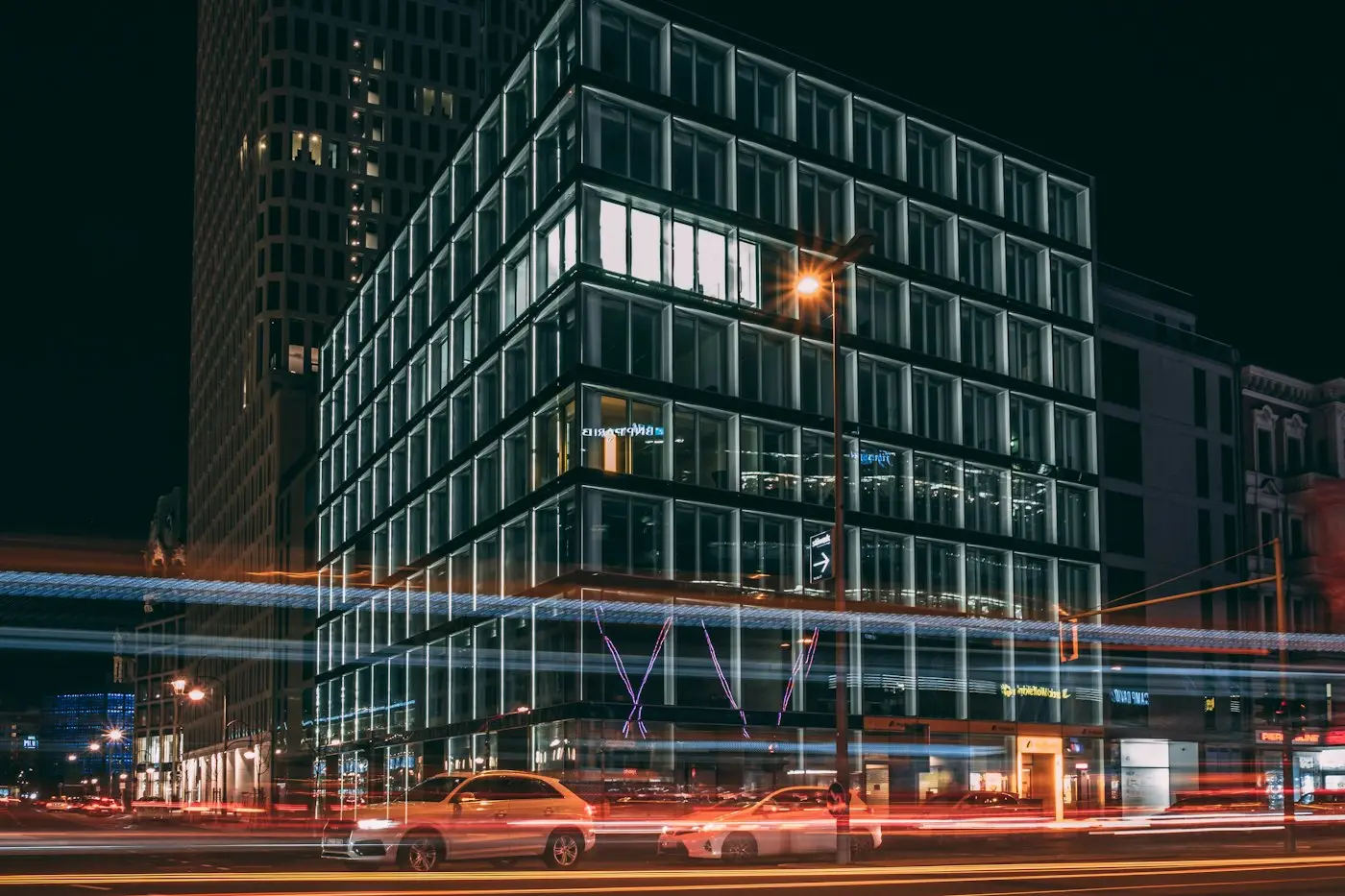 Glass-fronted corporate office building